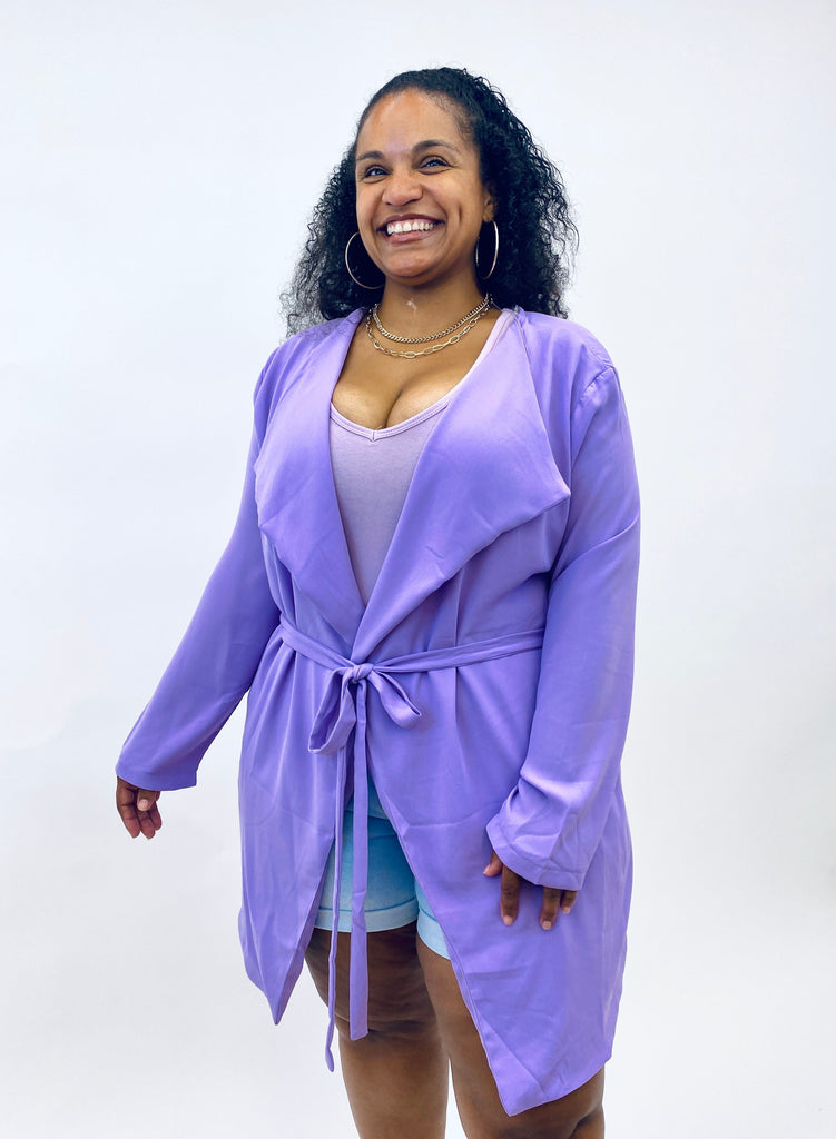 lavender jacket cardigan duster with tied belt