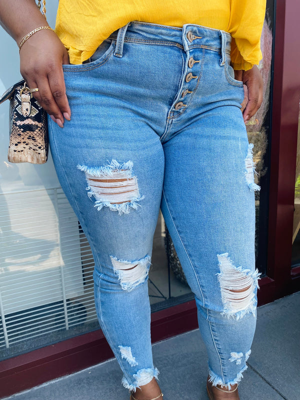 Five On It Button Front Distressed-Frayed Ankle Jeans